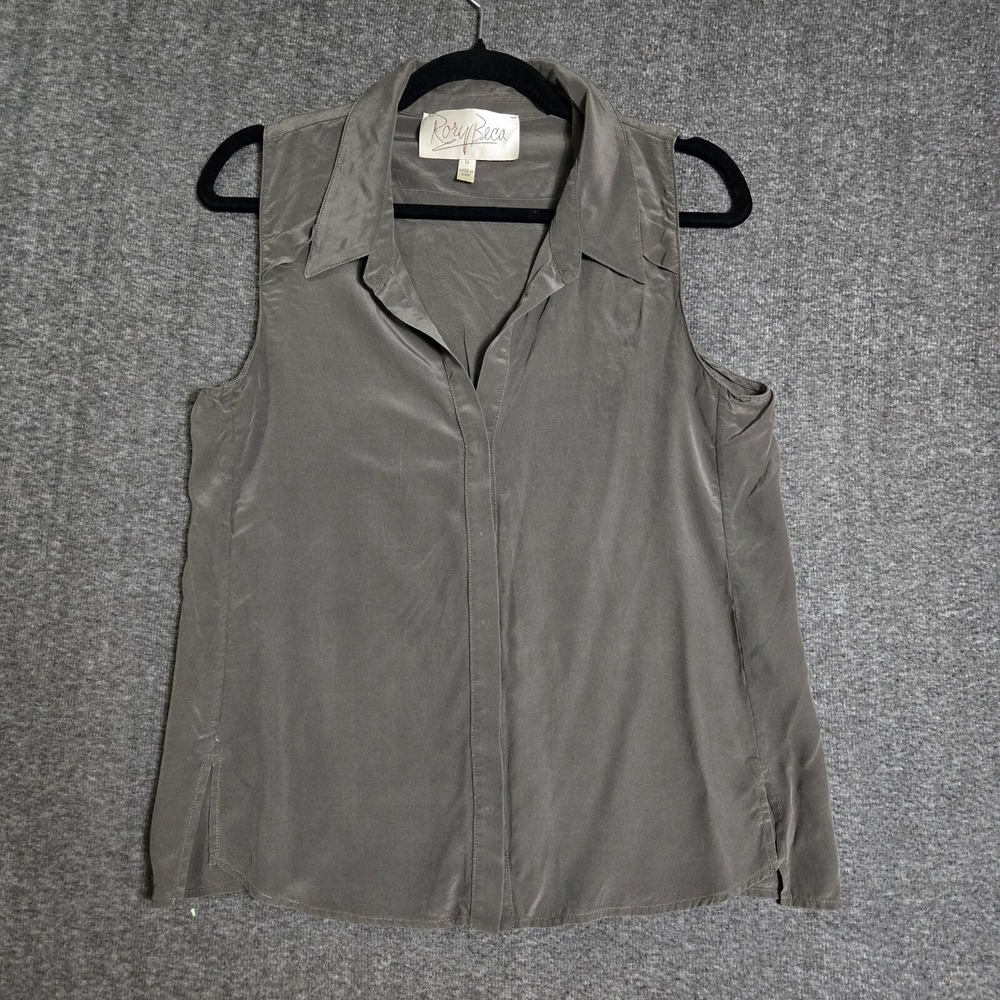 Rory Beca Silk Sleeveless Button Down Collar Blouse Womens Medium USA Taupe‎